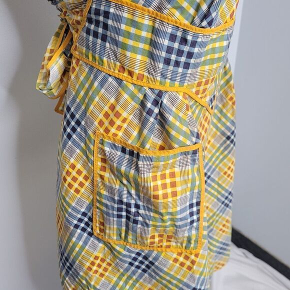 VINTAGE 70s apron yellow plaid tie back full‎ with pocket - Picture 6 of 9
